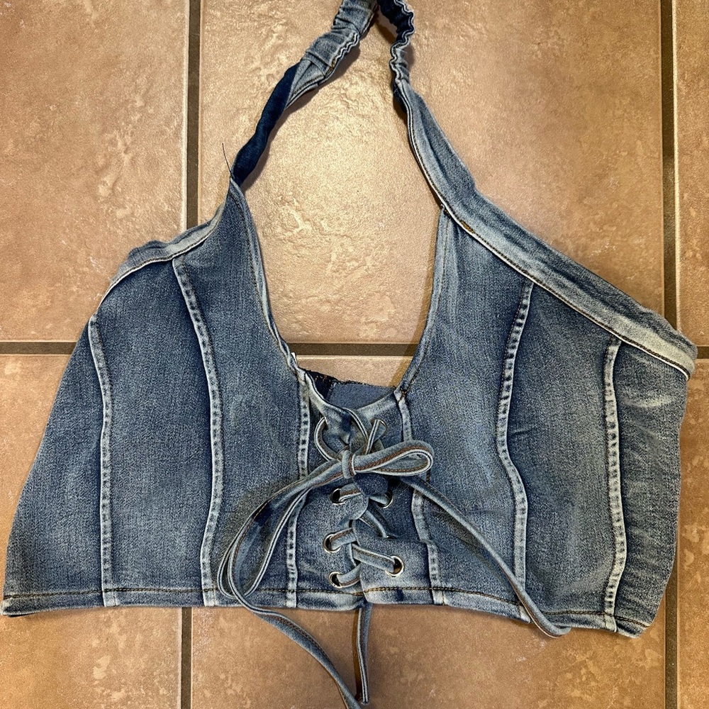 Y2K Denim Lace-Up Halter Crop Top